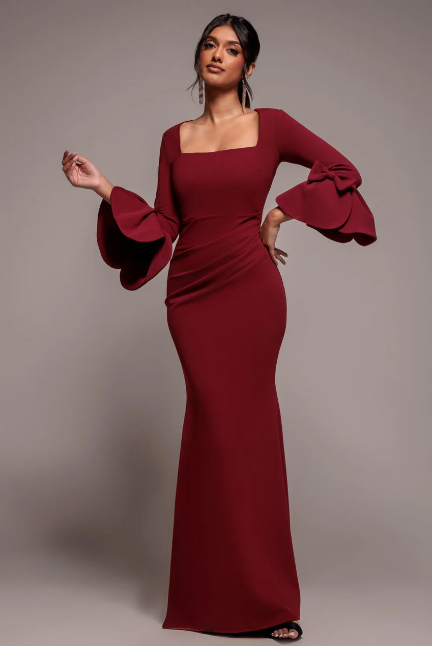 Petal Bow Sleeve Frill Maxi Dress - Wine DR4767