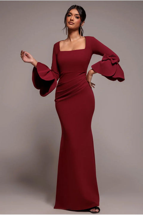 Petal Bow Sleeve Frill Maxi Dress - Wine by Goddiva