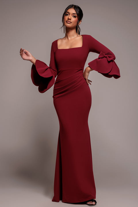 Petal Bow Sleeve Frill Maxi Dress - Wine by Goddiva
