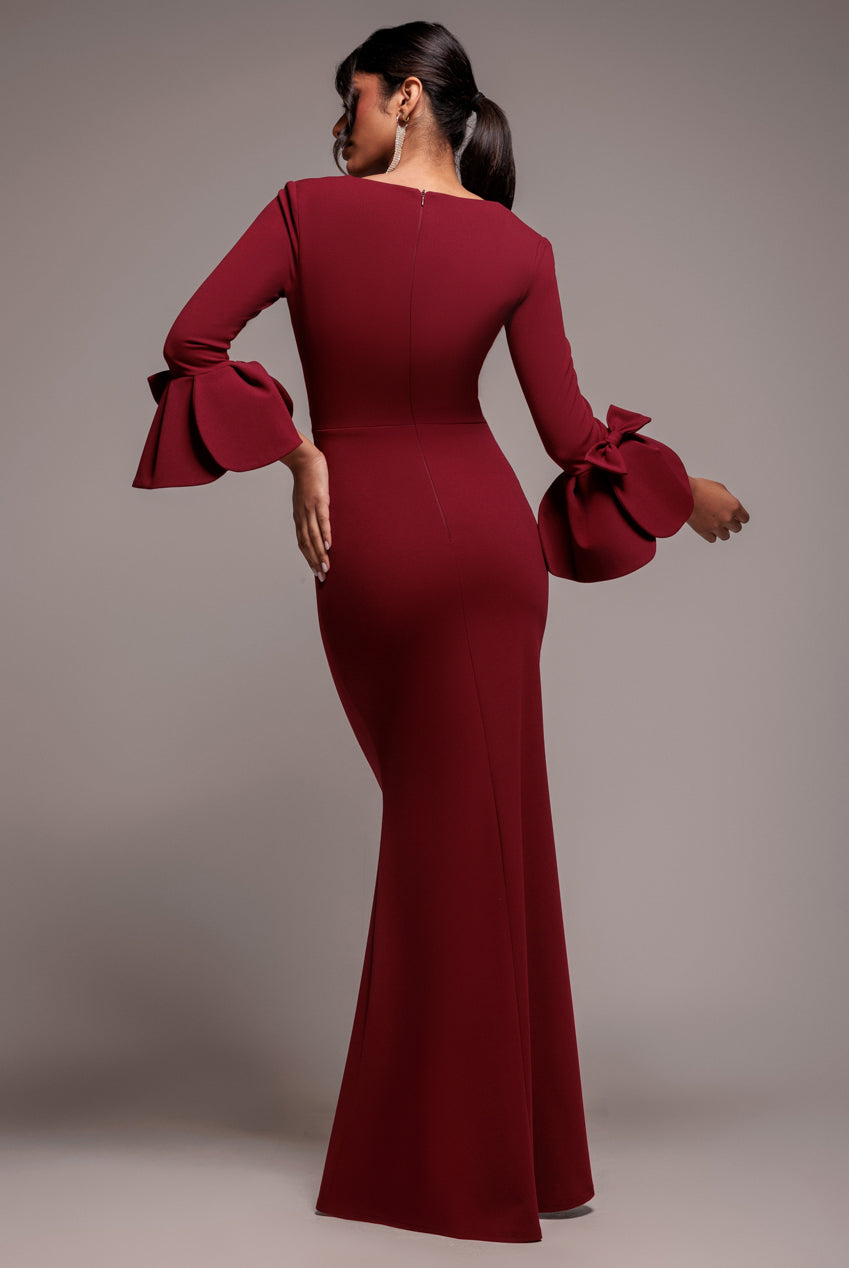 Petal Bow Sleeve Frill Maxi Dress - Wine DR4767