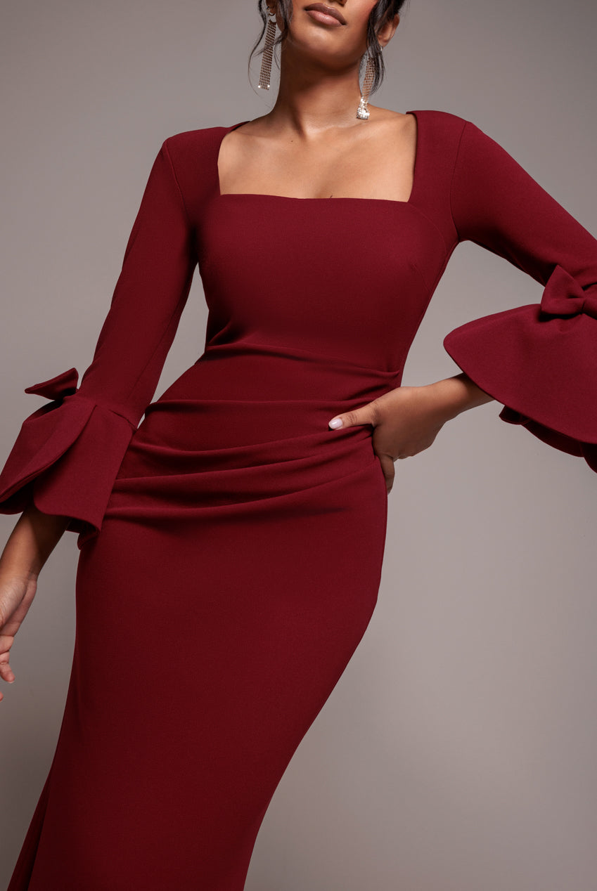 Petal Bow Sleeve Frill Maxi Dress - Wine DR4767