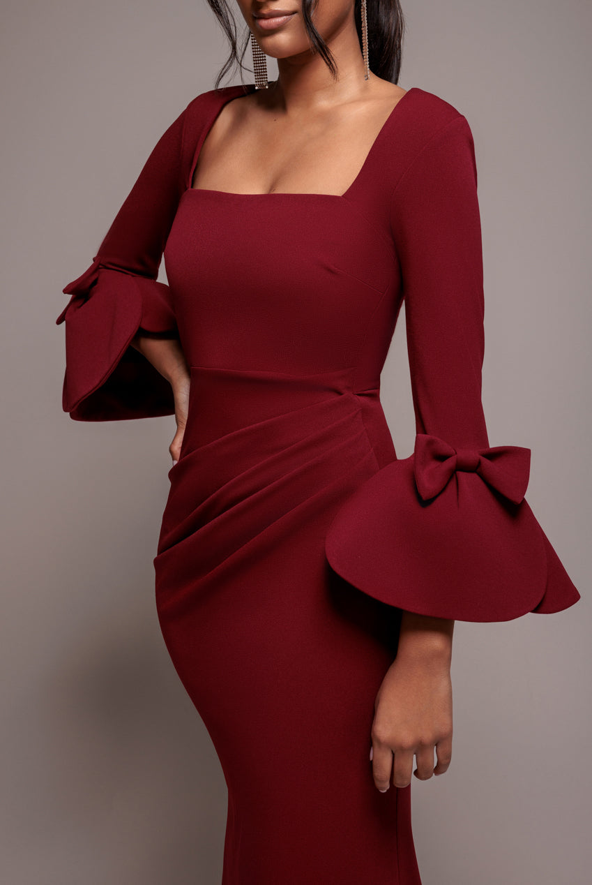 Petal Bow Sleeve Frill Maxi Dress - Wine DR4767