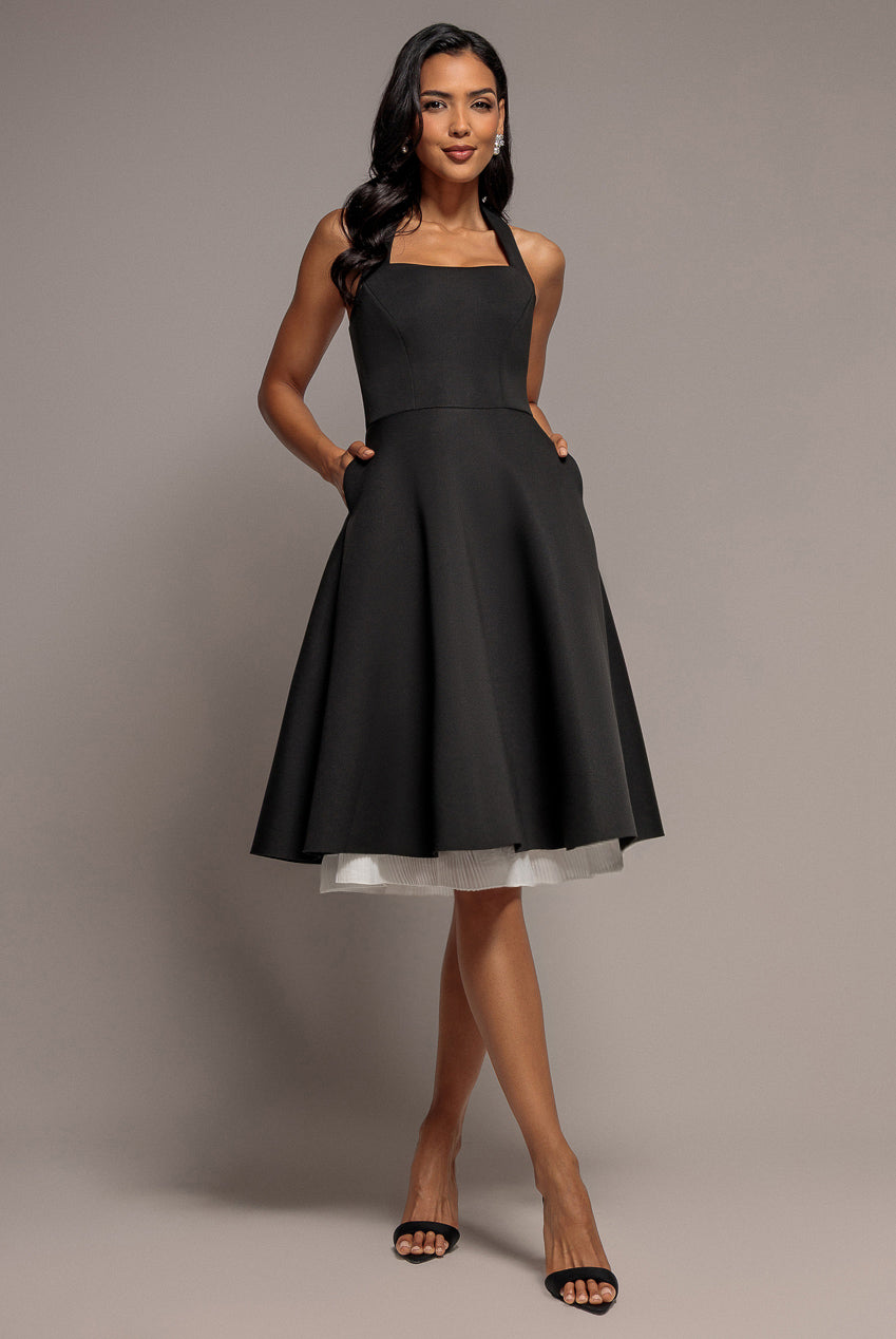 Contrast Organza Frill Bow Back Halter Midi Dress - Black Cream DR4770