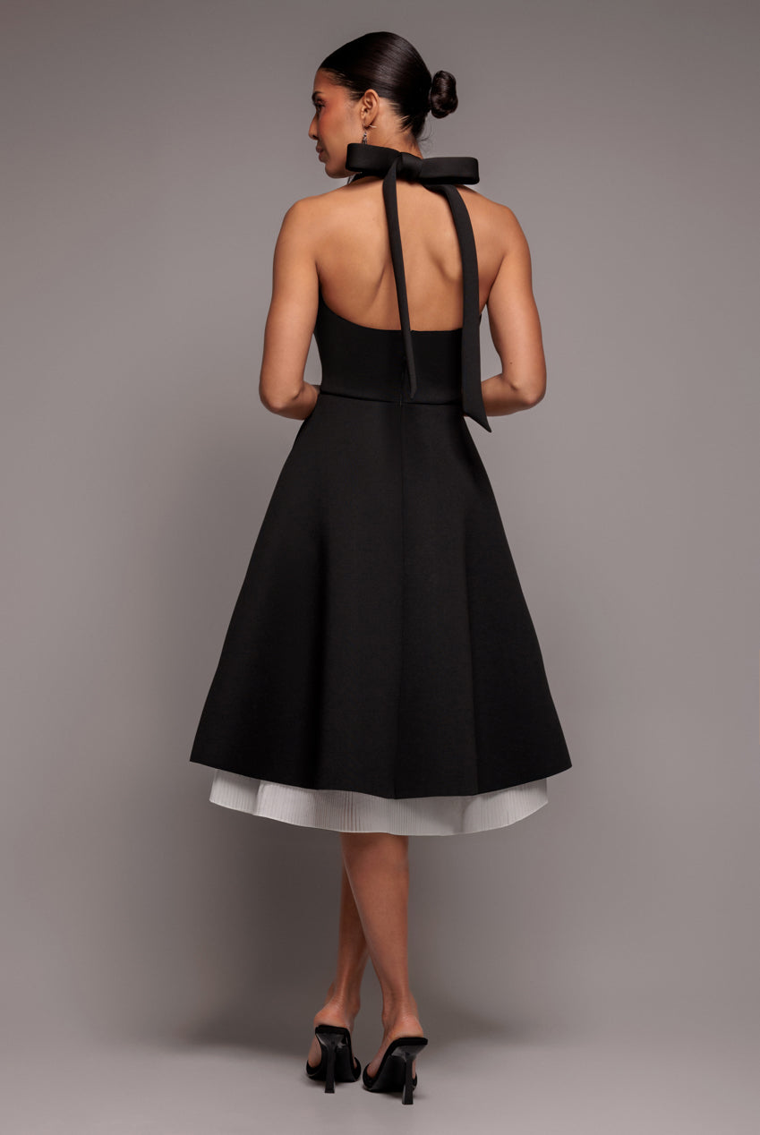 Contrast Organza Frill Bow Back Halter Midi Dress - Black Cream DR4770