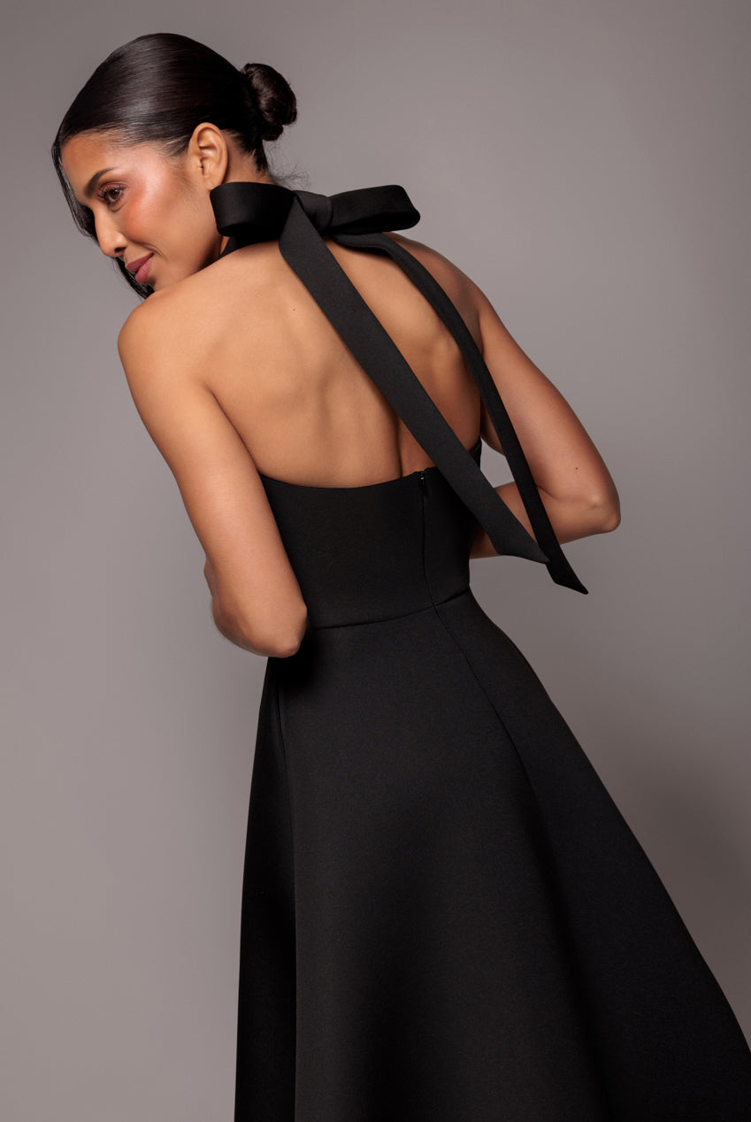 Contrast Organza Frill Bow Back Halter Midi Dress - Black Cream DR4770