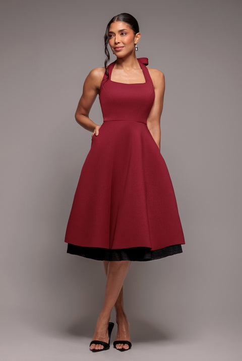 Contrast Organza Frill Bow Back Halter Midi Dress - Burgundy Black by Goddiva
