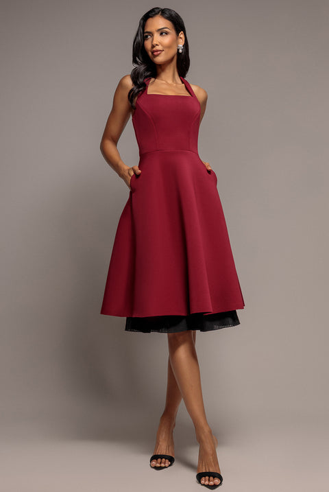 Contrast Organza Frill Bow Back Halter Midi Dress - Burgundy Black by Goddiva