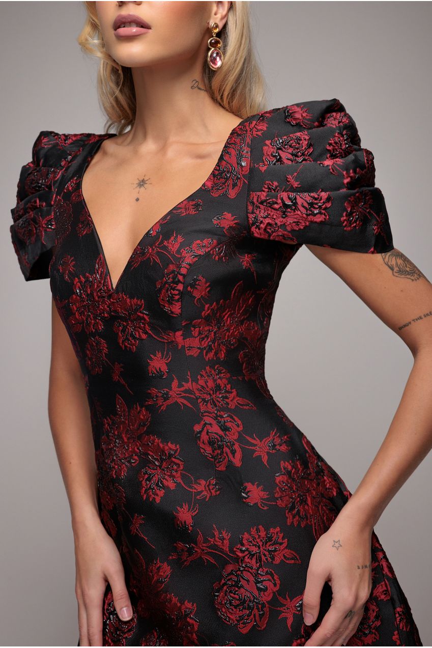 Plunging Neck Pleated Sleeve Jacquard Mini Dress - Black DR4772