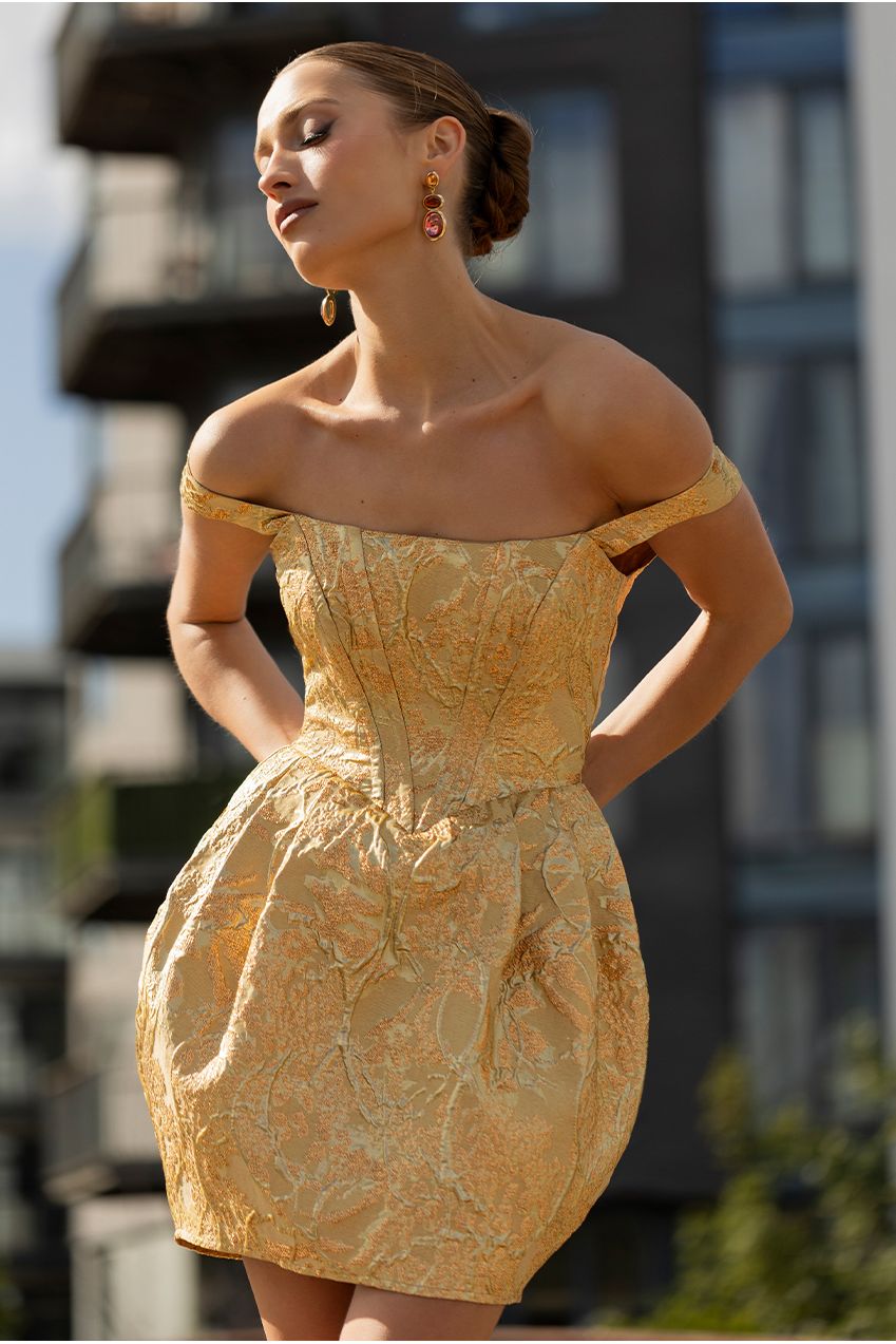 Corset Balloon Skirt Lace Up Back Mini Dress - Gold DR4778