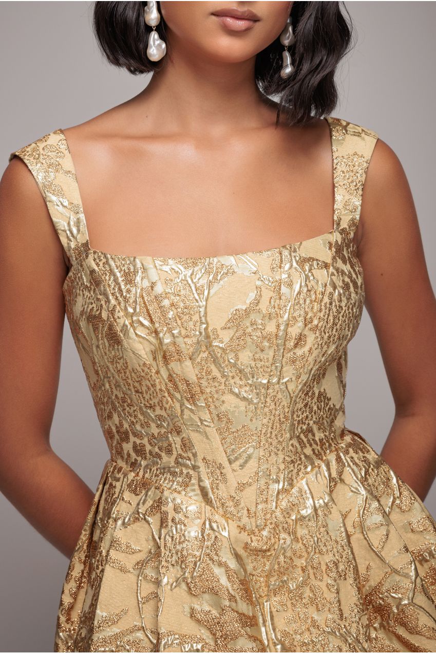 Corset Balloon Skirt Lace Up Back Mini Dress - Gold DR4778