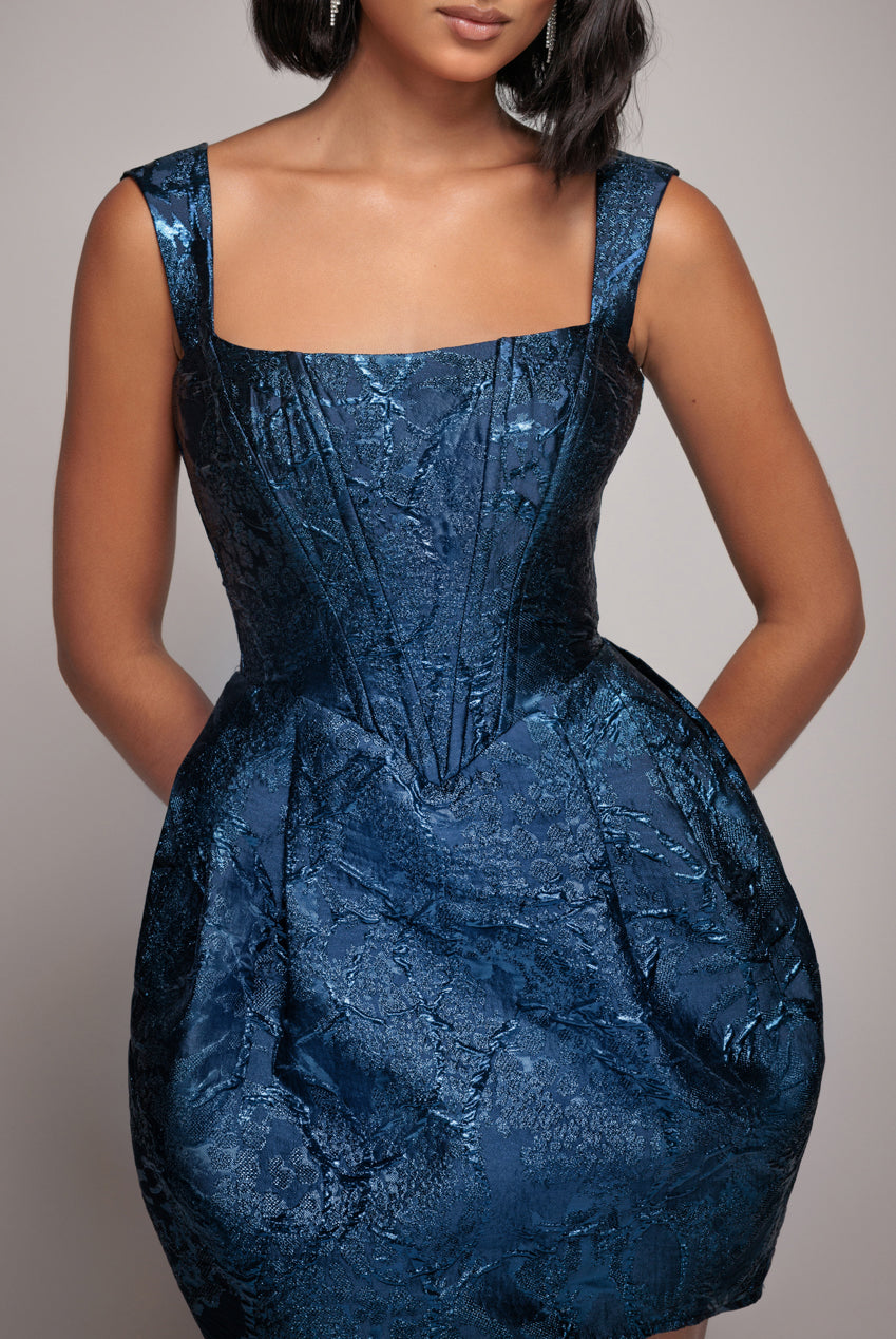 Corset Balloon Skirt Lace Up Back Mini Dress - Navy Blue DR4778