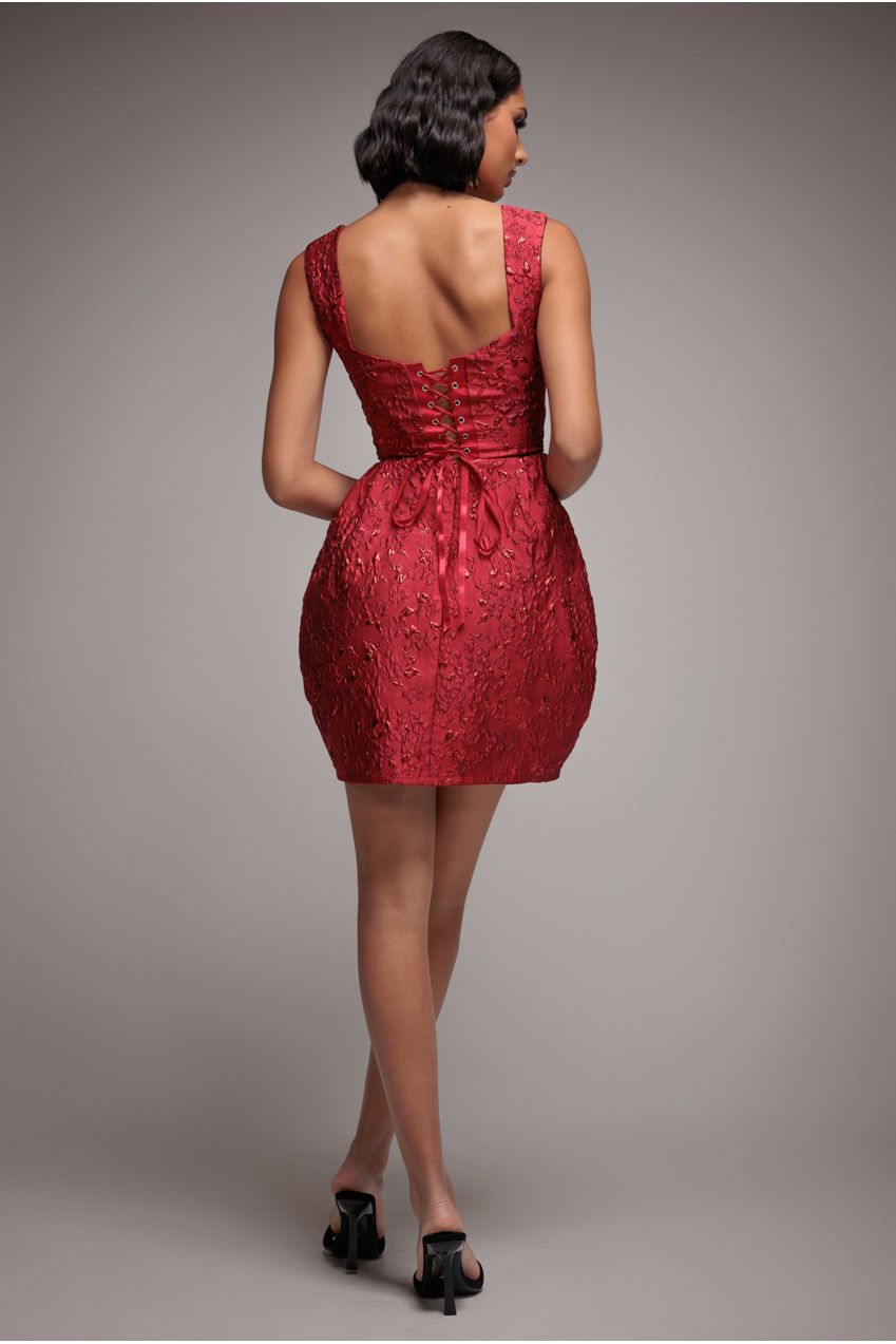 Corset Balloon Skirt Lace Up Back Mini Dress - Red DR4778