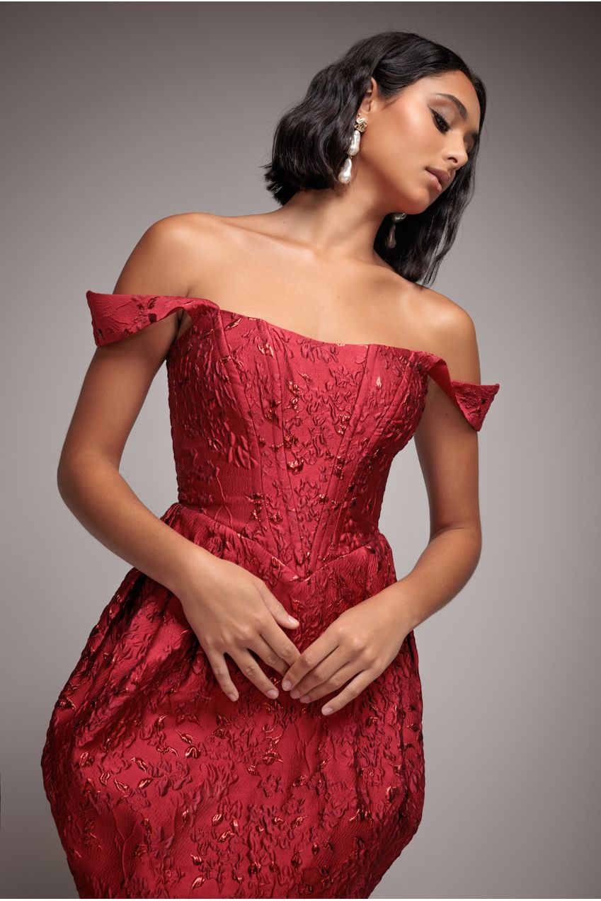 Corset Balloon Skirt Lace Up Back Mini Dress - Red DR4778