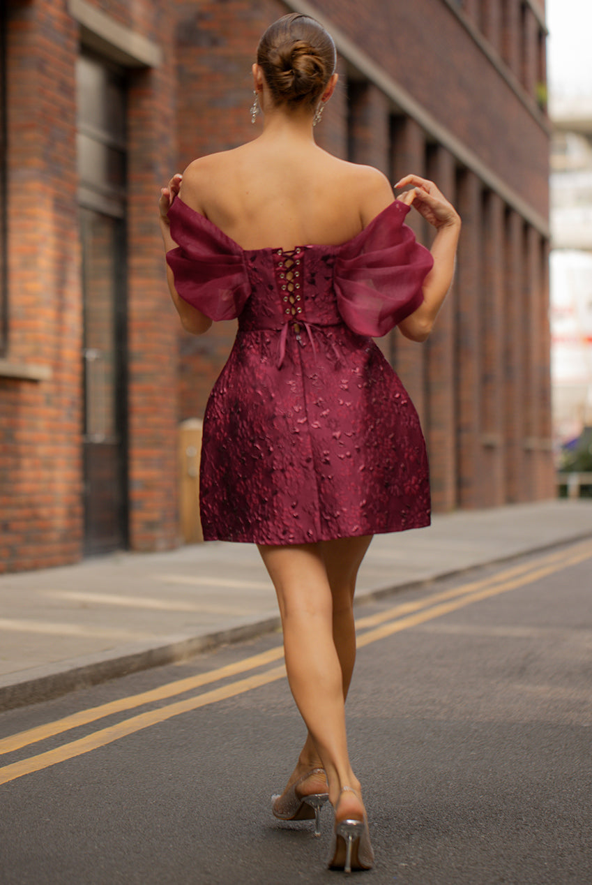 Lace Up Jacquard Mini Dress With Organza Wings - Burgundy Red DR4781