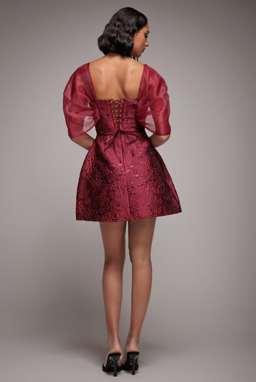 Lace Up Jacquard Mini Dress With Organza Wings - Burgundy Red DR4781
