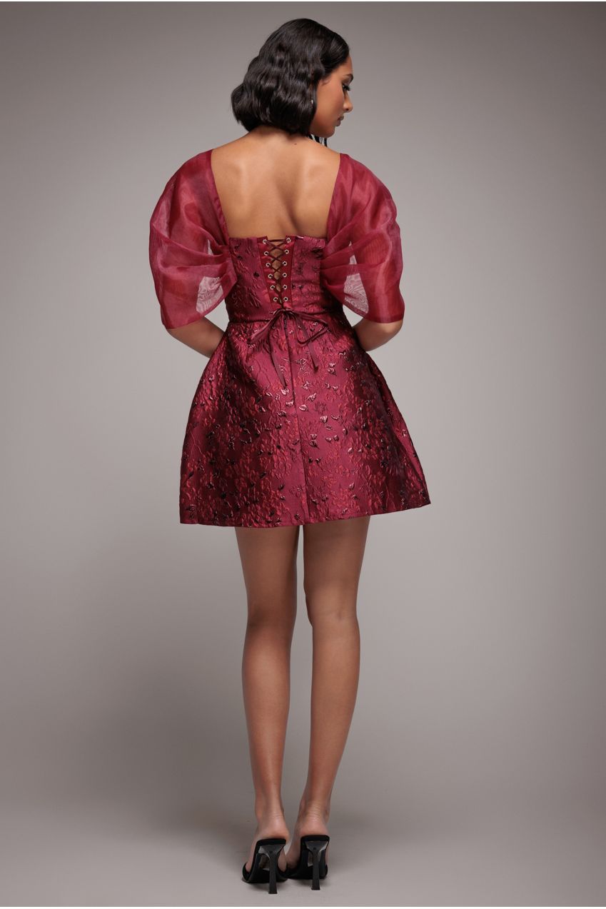 Lace Up Jacquard Mini Dress With Organza Wings - Burgundy Red DR4781