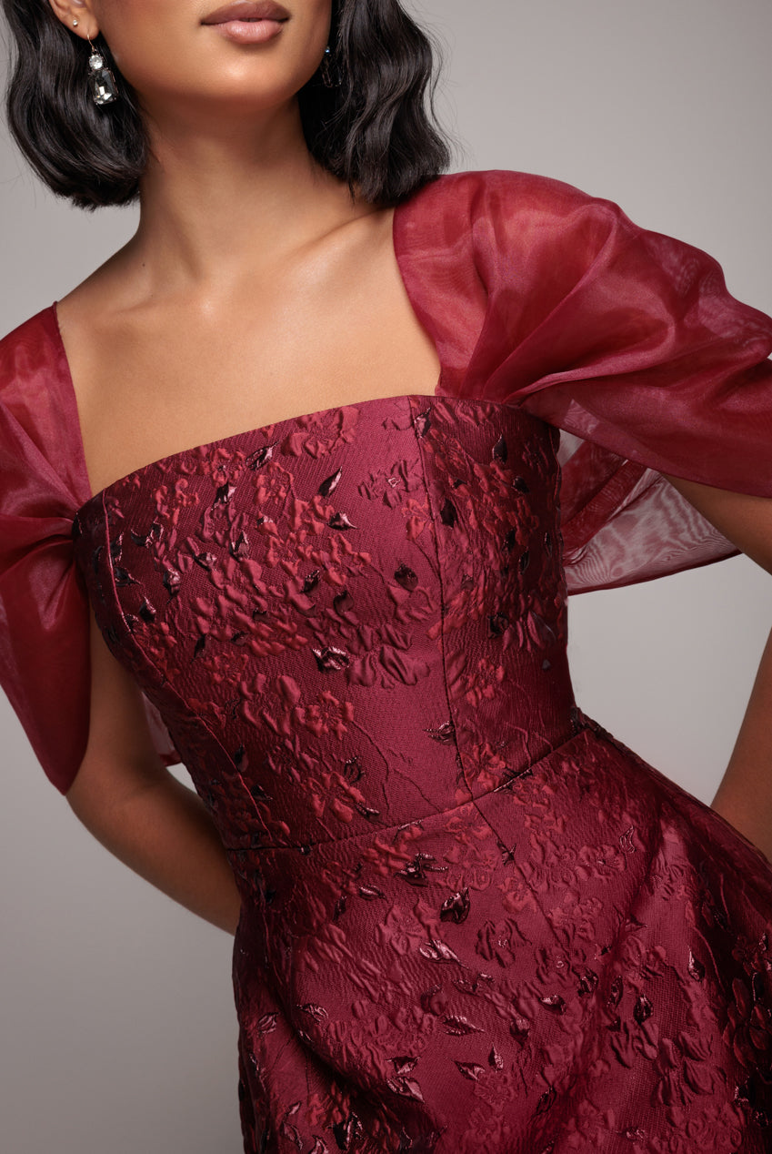 Lace Up Jacquard Mini Dress With Organza Wings - Burgundy Red DR4781