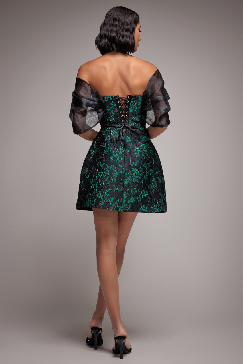 Lace Up Jacquard Mini Dress With Organza Wings - Emerald Black DR4781