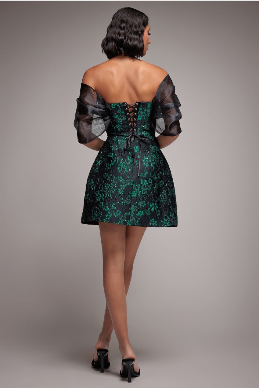 Lace Up Jacquard Mini Dress With Organza Wings - Emerald Black DR4781