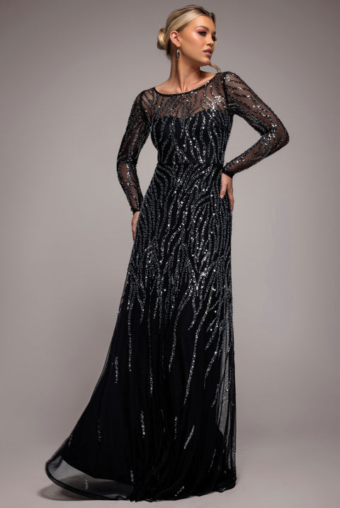 Ombre Sequin Beaded Flared Long Sleeve Maxi Dress - Black by Goddiva