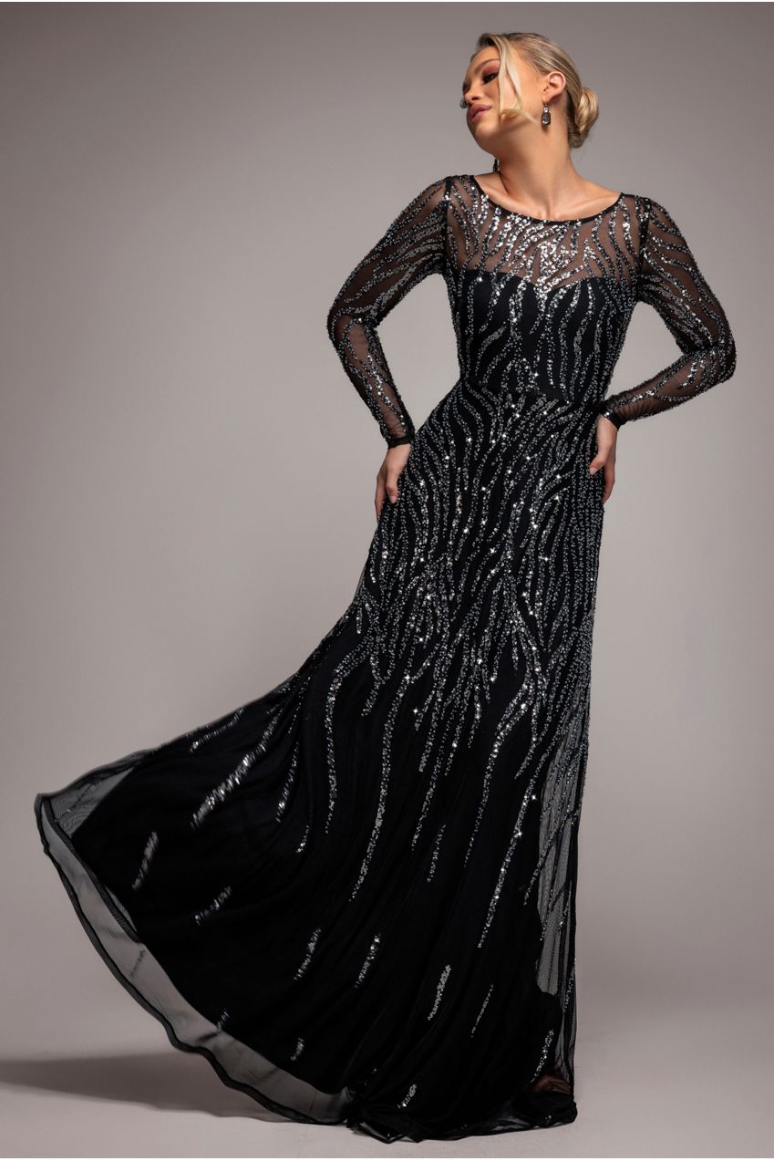 Ombre Sequin Beaded Flared Long Sleeve Maxi Dress - Black DR4782