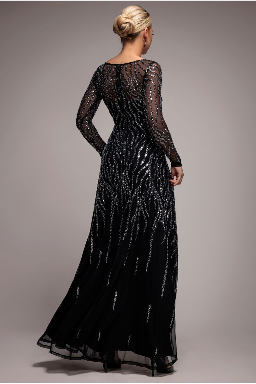 Ombre Sequin Beaded Flared Long Sleeve Maxi Dress - Black DR4782