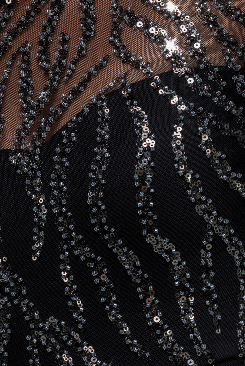 Ombre Sequin Beaded Flared Long Sleeve Maxi Dress - Black DR4782