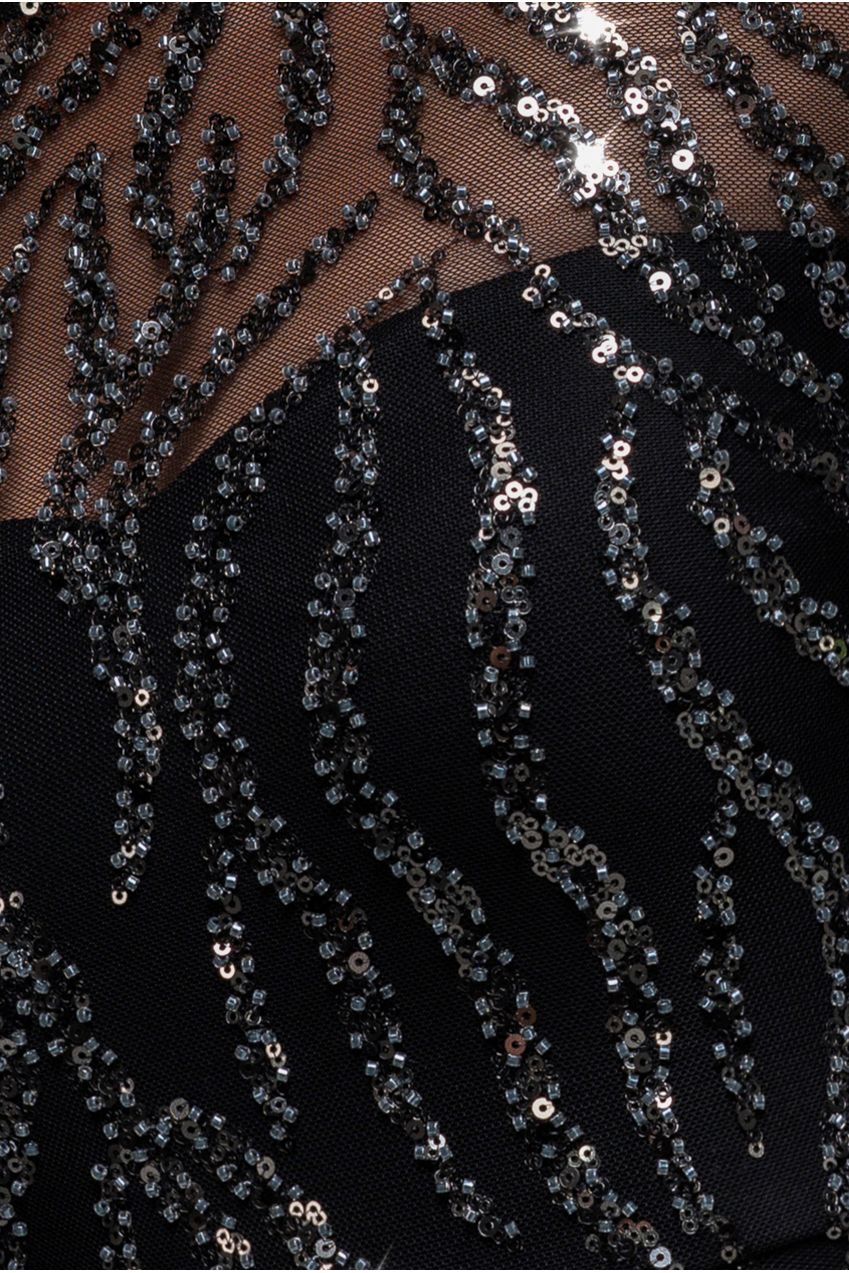 Ombre Sequin Beaded Flared Long Sleeve Maxi Dress - Black DR4782