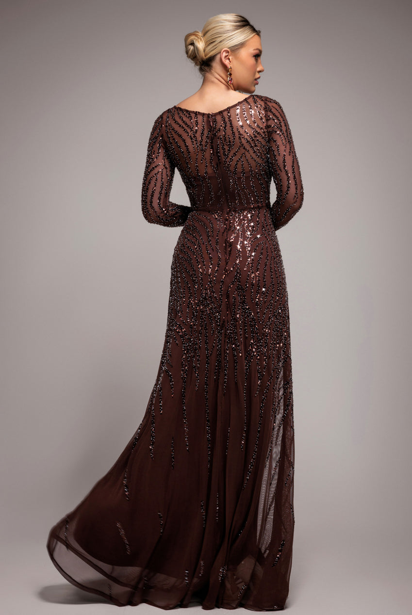Ombre Sequin Beaded Flared Long Sleeve Maxi Dress - Brown DR4782
