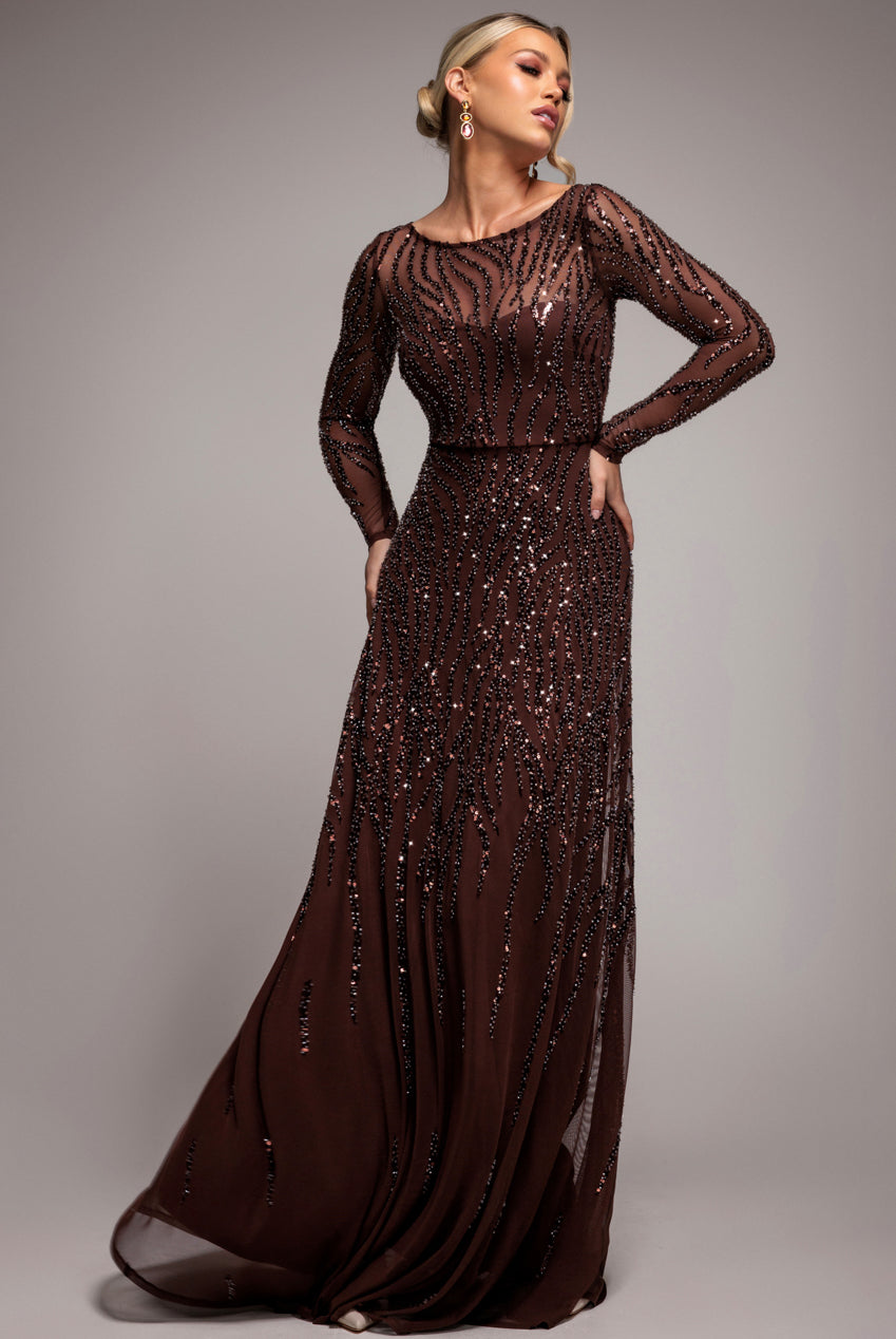 Ombre Sequin Beaded Flared Long Sleeve Maxi Dress - Brown DR4782
