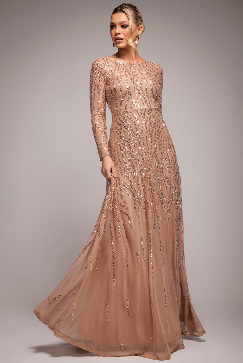 Ombre Sequin Beaded Flared Long Sleeve Maxi Dress - Champagne DR4782