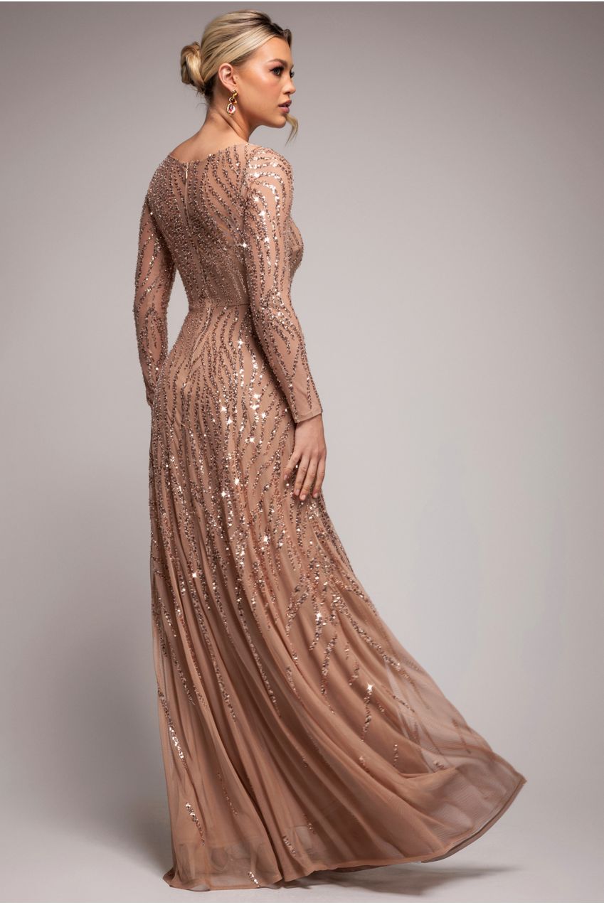 Ombre Sequin Beaded Flared Long Sleeve Maxi Dress - Champagne DR4782