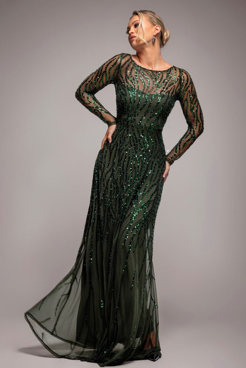 Ombre Sequin Beaded Flared Long Sleeve Maxi Dress - Olive Green DR4782