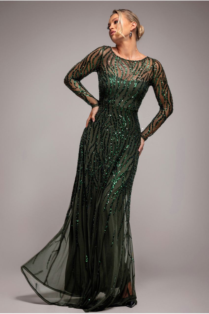 Ombre Sequin Beaded Flared Long Sleeve Maxi Dress - Olive Green DR4782