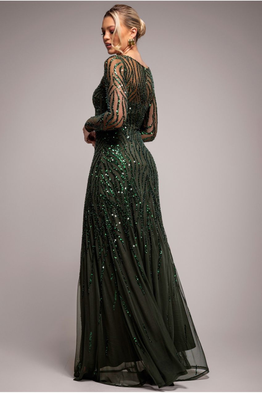 Ombre Sequin Beaded Flared Long Sleeve Maxi Dress - Olive Green DR4782