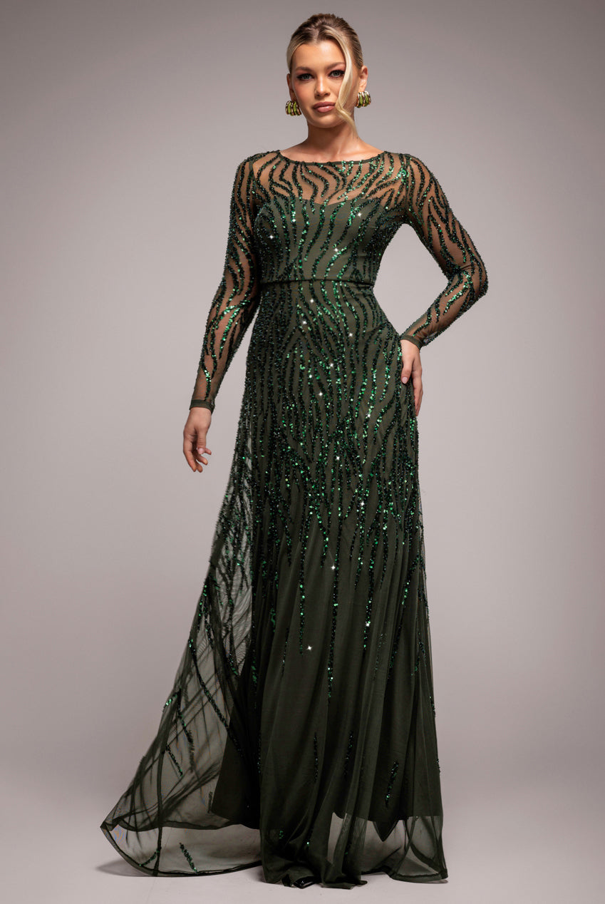 Ombre Sequin Beaded Flared Long Sleeve Maxi Dress - Olive Green DR4782