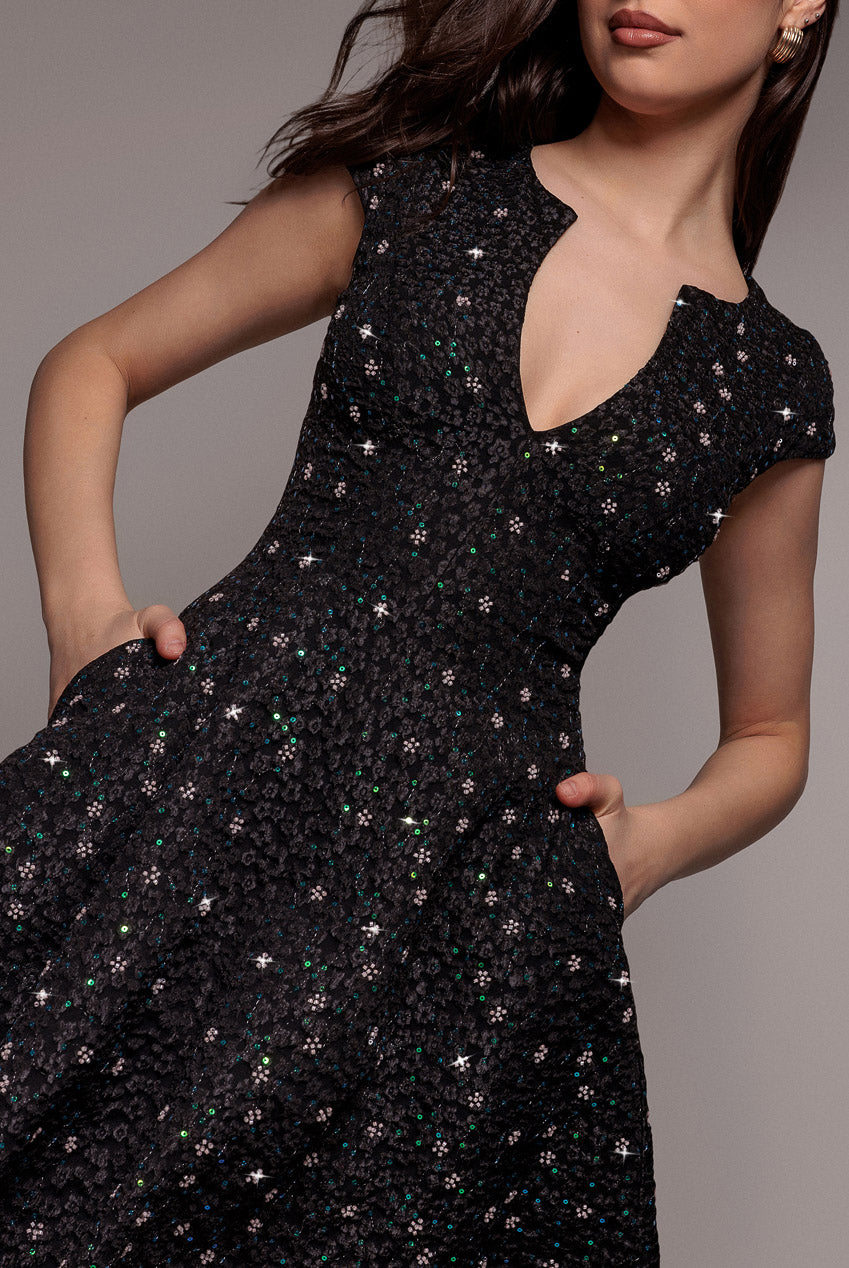 Bead Embellished Jacquard Skater Mini Dress - Black DR4785