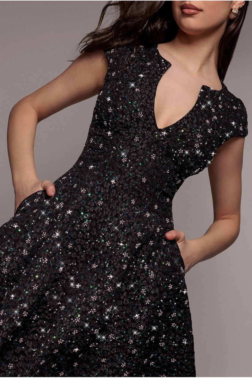 Bead Embellished Jacquard Skater Mini Dress - Black DR4785