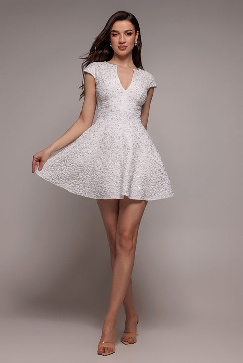 Bead Embellished Jacquard Skater Mini Dress - White by Goddiva