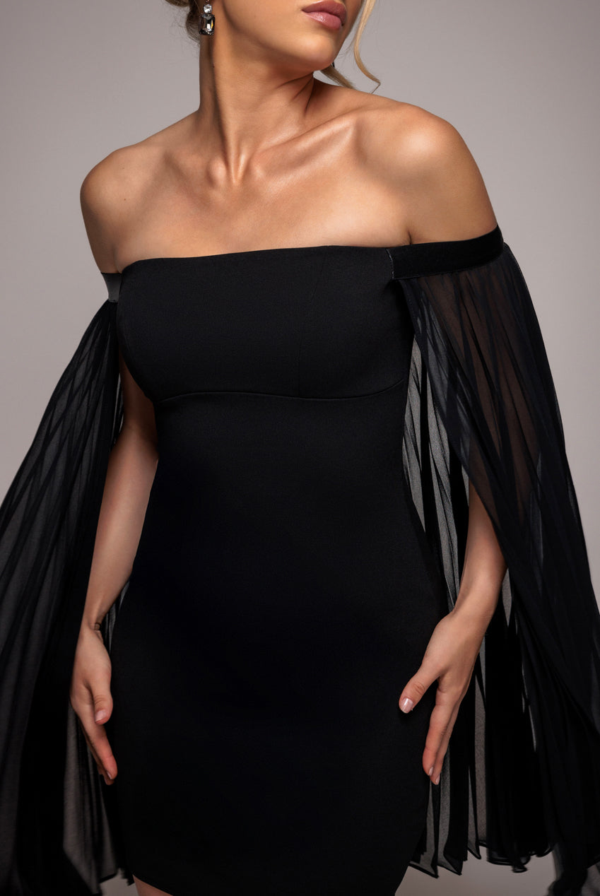 Strapless Mini Dress With Pleated Chiffon Cape - Black DR4789