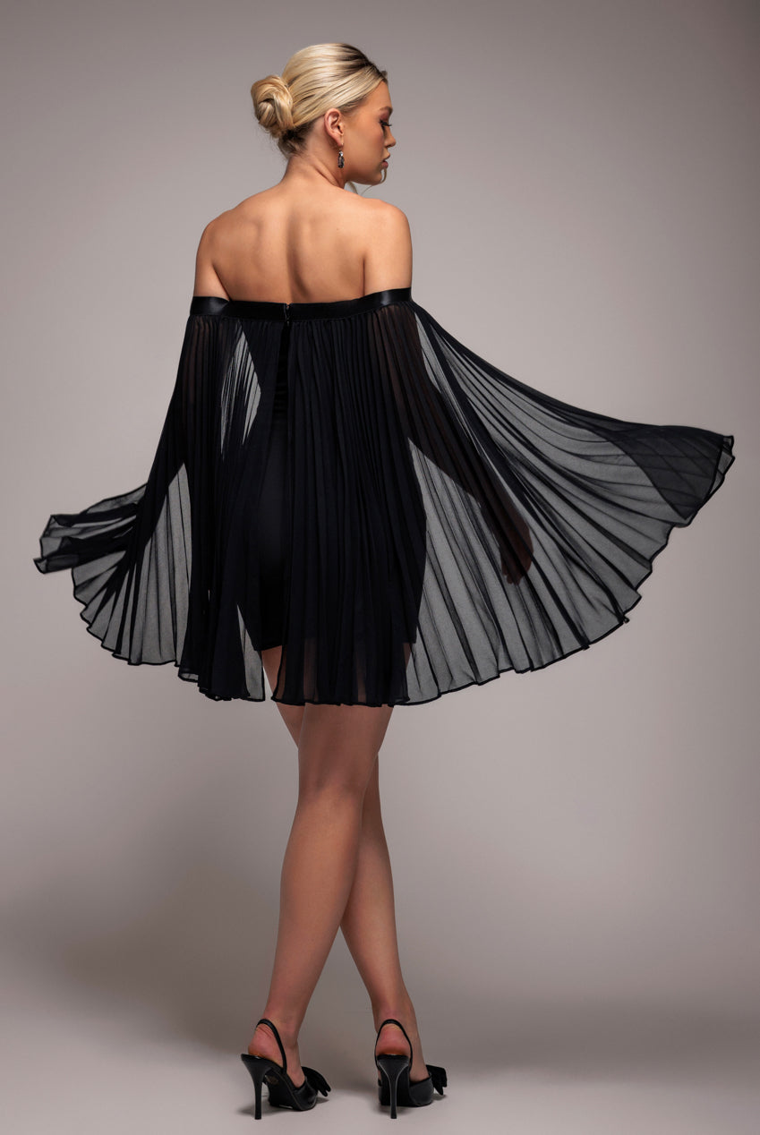 Boob Tube Mini Dress With Pleated Chiffon Cape - Black DR4789