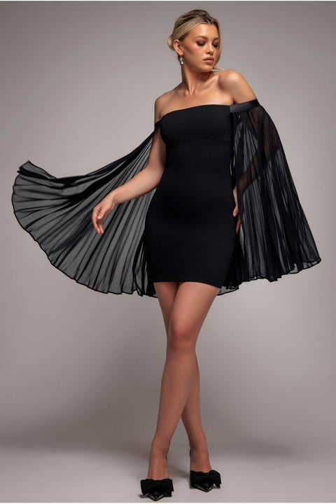Strapless Mini Dress With Pleated Chiffon Cape - Black by Goddiva