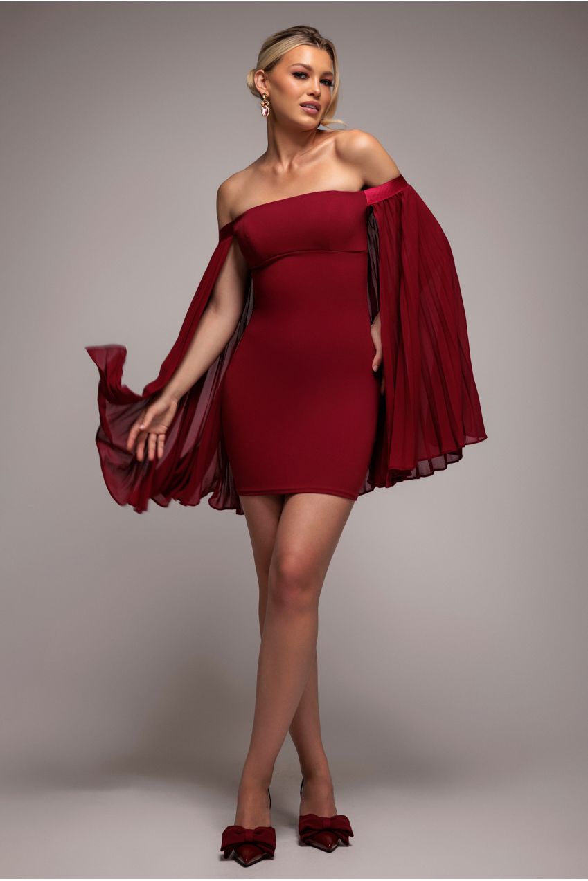 Strapless Mini Dress With Pleated Chiffon Cape - Burgundy DR4789