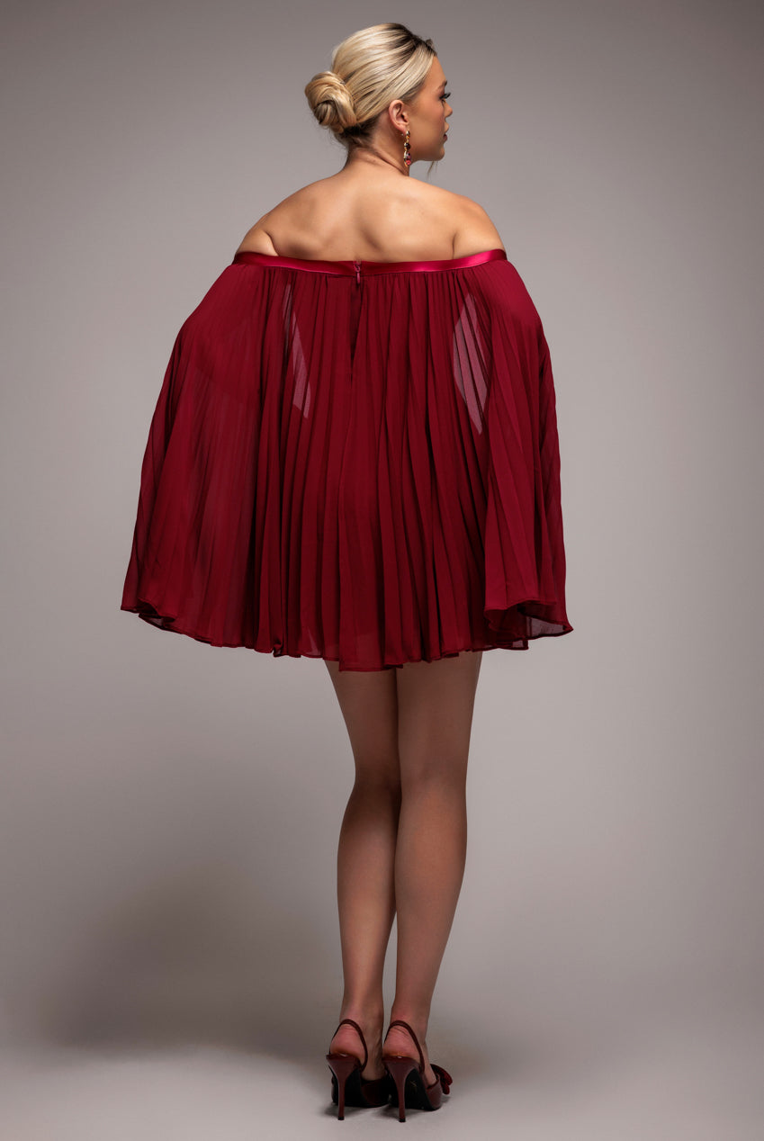 Strapless Mini Dress With Pleated Chiffon Cape - Burgundy DR4789