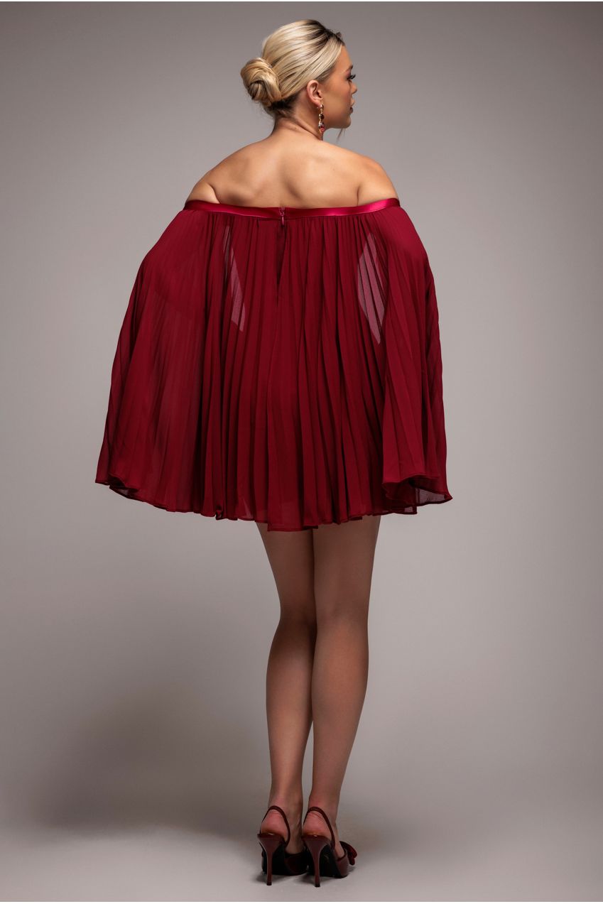Strapless Mini Dress With Pleated Chiffon Cape - Burgundy DR4789