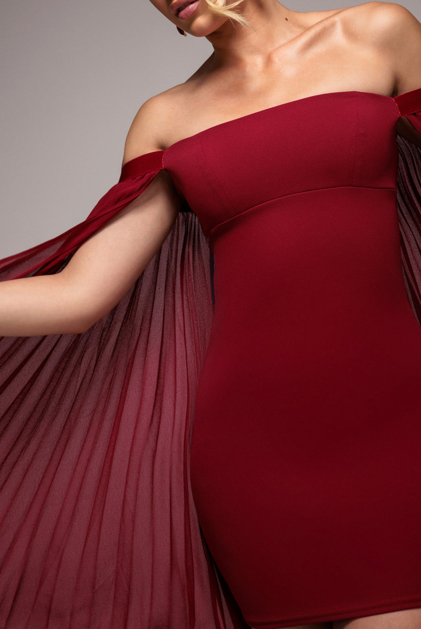 Strapless Mini Dress With Pleated Chiffon Cape - Burgundy DR4789