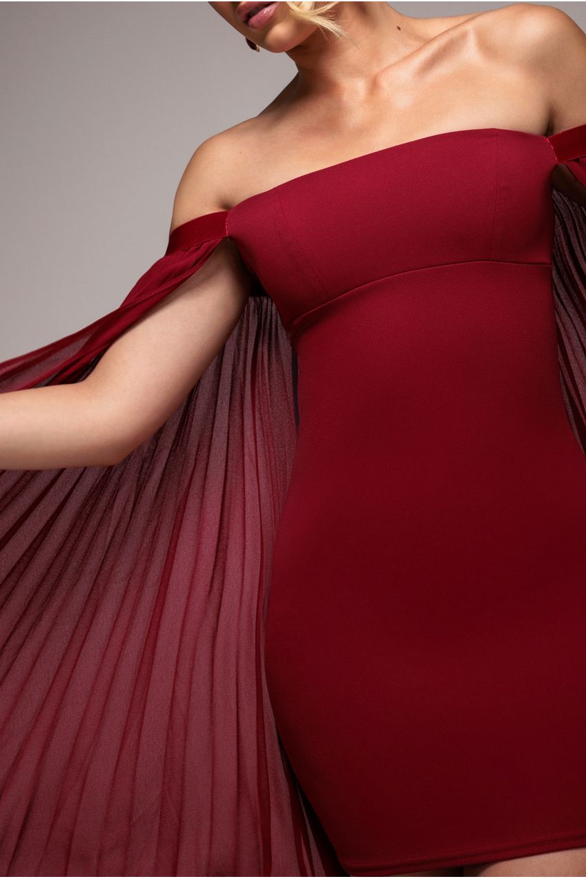 Strapless Mini Dress With Pleated Chiffon Cape - Burgundy DR4789
