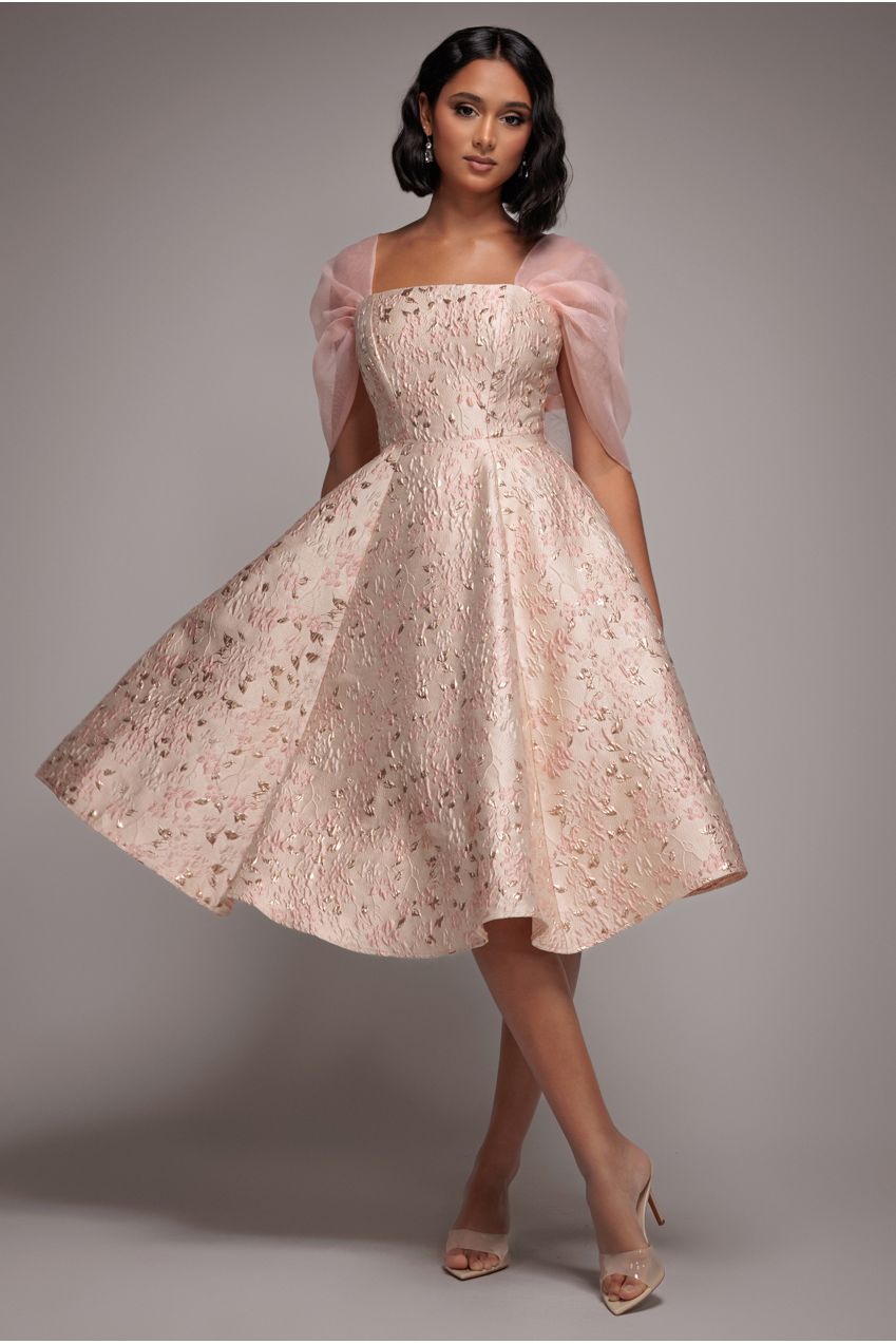 Lace Up Jacquard Midi Dress With Organza Wings - Blush Pink DR4791