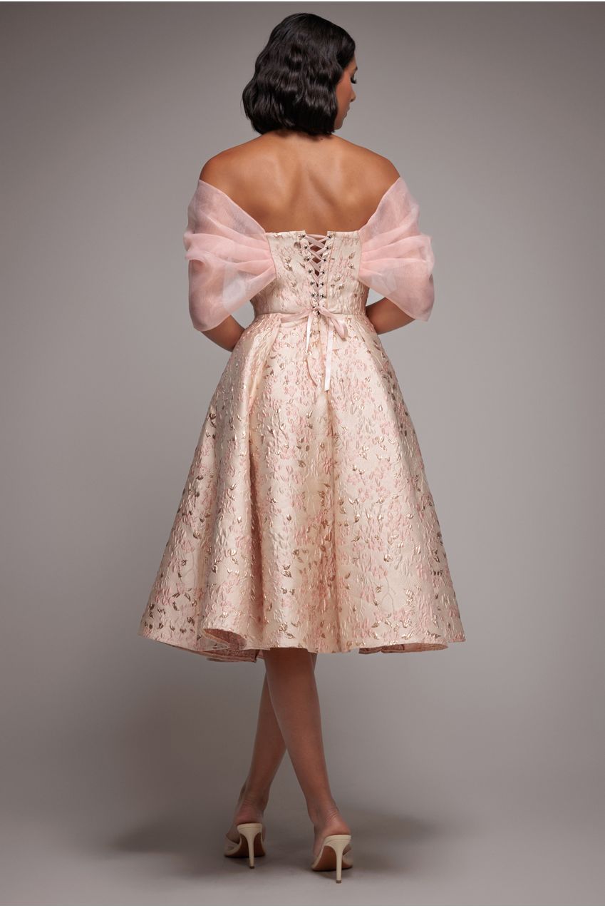 Lace Up Jacquard Midi Dress With Organza Wings - Blush Pink DR4791