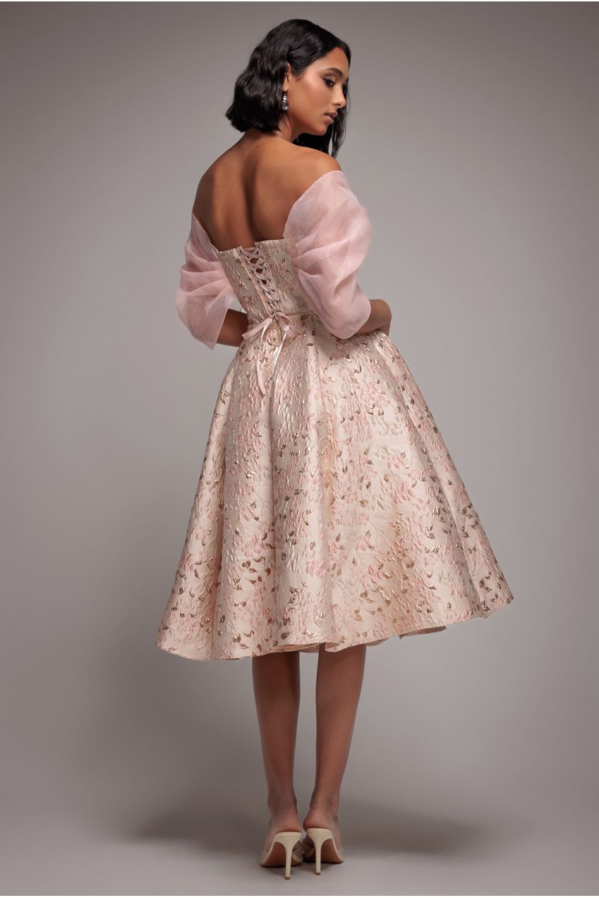 Lace Up Jacquard Midi Dress With Organza Wings - Blush Pink DR4791